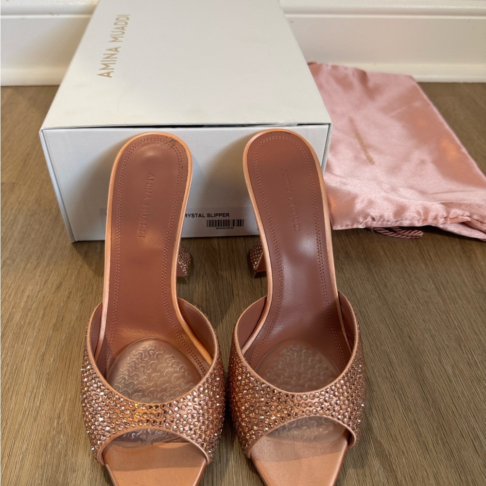 Amina Muaddi Tan Heels with Sparkling Crystal Accents